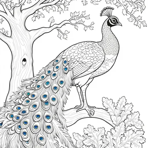 Prompt: B&W coloring book page, lots of pretty animals like peacock all around a oak tree, line art, solid white background