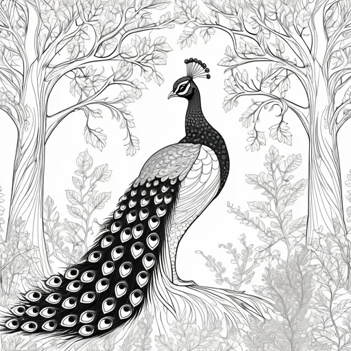 Prompt: B&W coloring book page, lots of pretty animals like peacock all around a oak tree, line art, solid white background