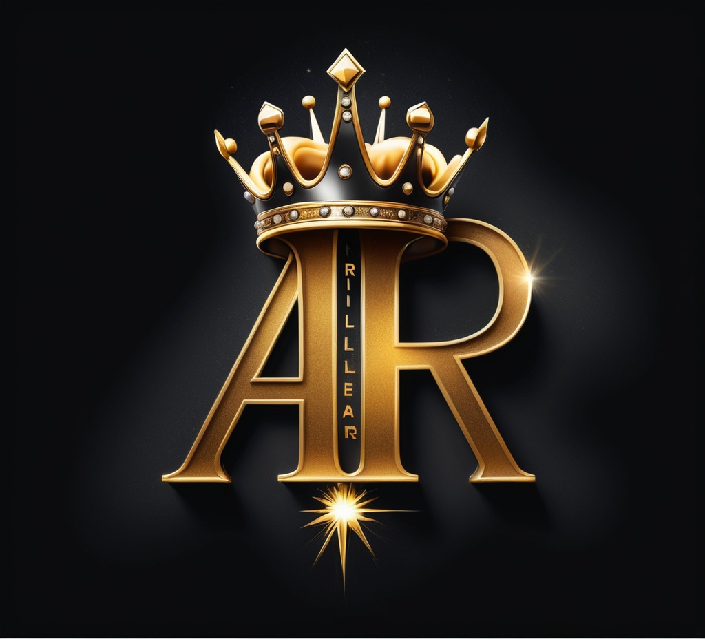 Prompt: a golden crown on top of a black background with a light shining on it and the word rr written in gold, Carlos Trillo Name, harlem renaissance, logo, an album cover