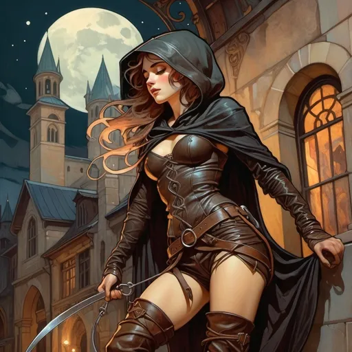 Prompt: Alphonse Mucha Style, art nouveau illustration of a half elf woman in dark leathers and a hood, scaling the side of a stone building with a grappling hook, short swords sheathed on her belt, dark cloak flowing behind her, practical dark leather boots, daggers strapped to her thighs, the background is a nighttime setting in a medieval city, stone and wooden buildings with dark windows, streets with dim lamps lighting a path