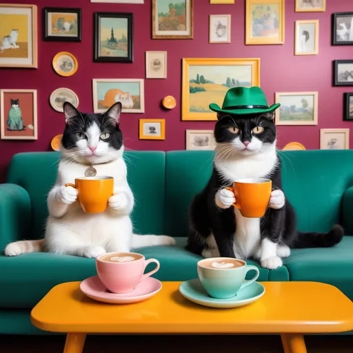 Prompt: black and white cat weARING A GREEN HIPSTER HAT drinking coffee and orange and white cat WEARING A BLIE HIPSTER HAT sitting on a burgundy sofa  IN FRONT OF a wall with YELLOW AND PINK WALLPAPER WITH A FRAMED PHOTO OF AN ORANGE KITTEN ON THE WALL
, one cat reading a book the other drinking coffee, make the style of the photo like van gogh