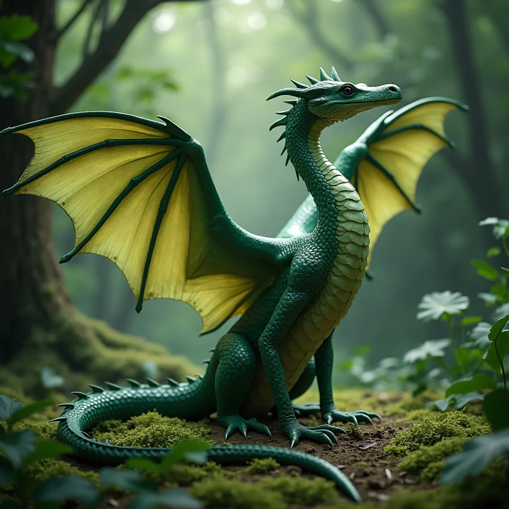 Prompt: dark green, huge, big, (pine green), jade dragon, (enormous, big wings), (wings held up high and spread out), (yellowish-green, translucent wings), (long claws), thin, snakey, snakelike, in lush, dark, green forest, (heavy canopy), (emerald scales), crocodile, calm, malachite, serene expression, (black eyes), shafts of sunlight, sitting on moss carpet. sitting like a cat, long front legs, long neck, heron's neck, long tail lying over the undergrowth in the foreground, tail coiled 
