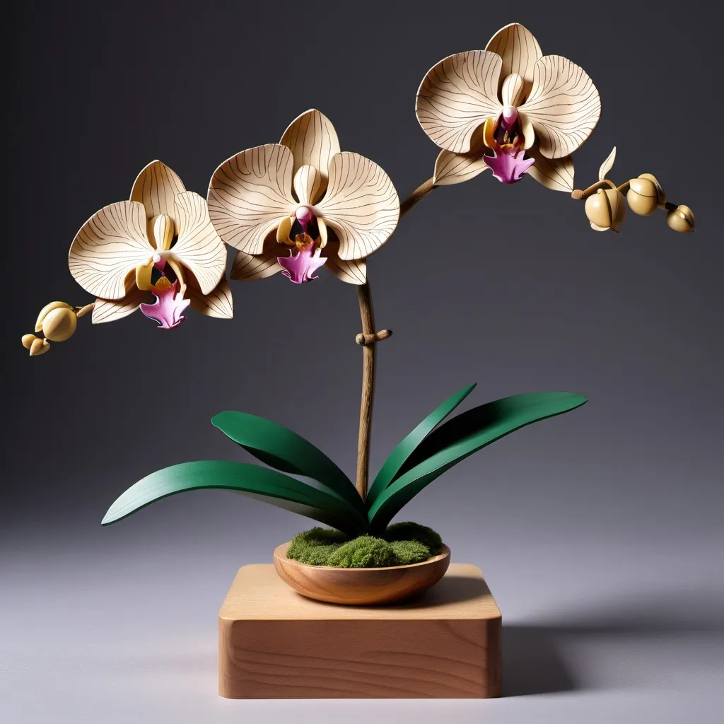 Prompt: wooden model of orchid