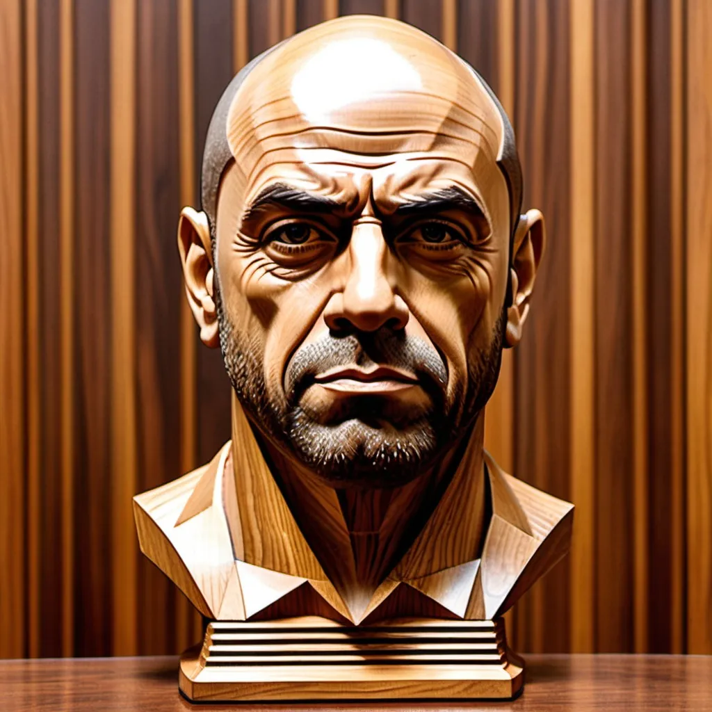 Prompt: wooden art deco sculpture of joe rogan