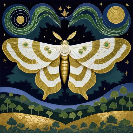 Prompt: gold and white moth with green landscape on its wings, rippling, undulating, patchwork, at night, night sky, dark blue sky