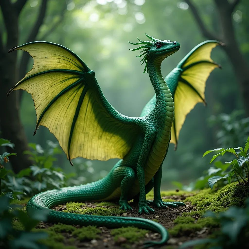 Prompt: dark green, huge, big, (pine green), jade dragon, (enormous, big wings), (wings held up high and spread out), (yellowish-green, translucent wings), (long claws), thin, snakey, snakelike, in lush, dark, green forest, (heavy canopy), (emerald scales), crocodile, calm, malachite, serene expression, (black eyes), shafts of sunlight, sitting on moss carpet. sitting like a cat, long front legs, long neck, heron's neck, long tail lying over the undergrowth in the foreground, tail coiled 
