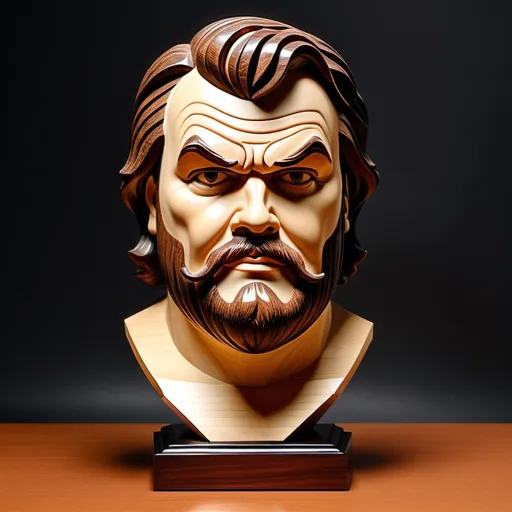 Prompt: wooden art deco sculpture of jack black

