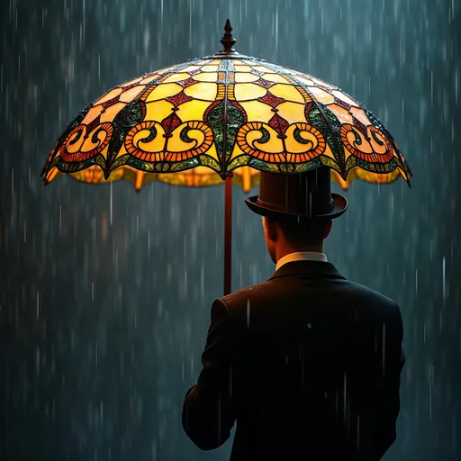 Prompt: umbrella in the shape of a lampshade, tiffany glass, art nouveau, raining, held by a businessman in a black suit and bowler hat