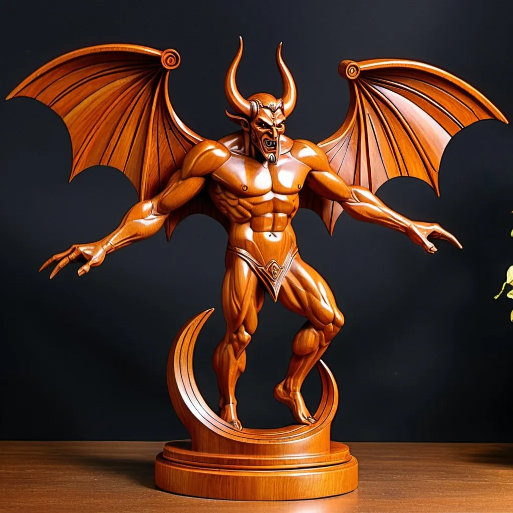 Prompt: wooden art deco sculpture of winged  devil

