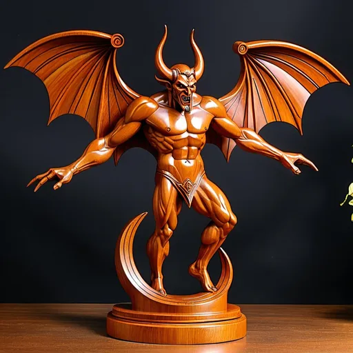 Prompt: wooden art deco sculpture of winged  devil

