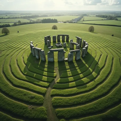 Prompt: Stonehenge at the centre of a giant circular labyrinth