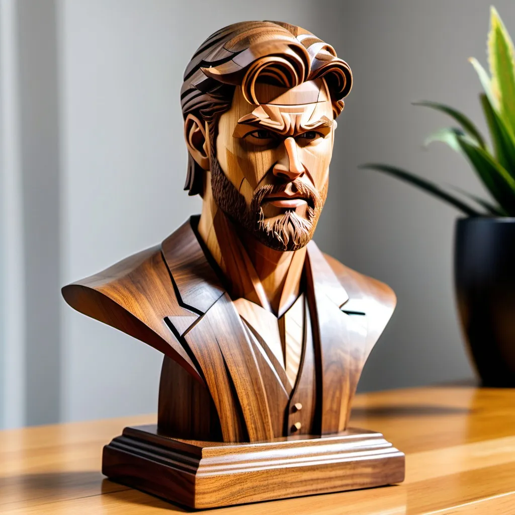 Prompt: wooden art deco sculpture of chris hemsworth

