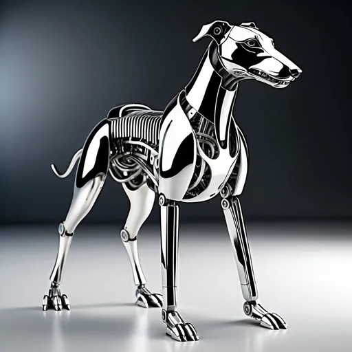 Prompt: robot greyhound, elegant, metallic, silver and black, curved, polished