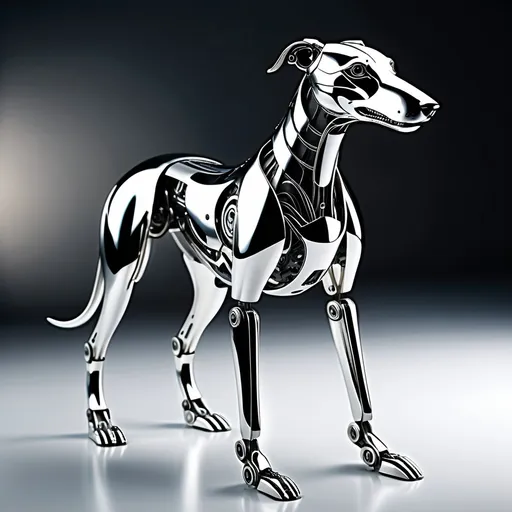 Prompt: robot greyhound, elegant, metallic, silver and black, curved, polished