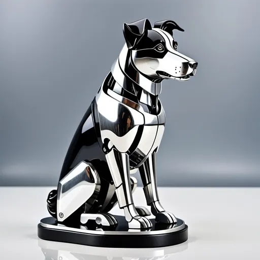 Prompt: robot border collie, elegant, metallic, silver and black, curved, polished