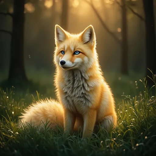 Prompt: Yellow, cream and white albino fox, (majestic animal), blue eyes, standing elegantly in a dark green forest, vibrant golden fur shimmering in sunlight, (detailed fur textures), with emerald grass in the background, surrounded by pine trees, surrounded by soft, warm light creating a serene ambiance, ultra-detailed, 4K resolution, portraying a regal and enchanting vibe.