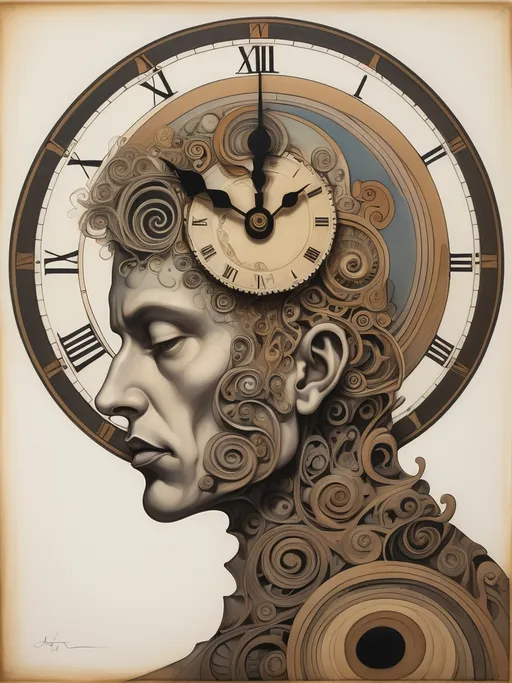 Prompt: (abstract drawing) of a person's head, intricate clock atop the head symbolizing time, (spiral design) elegantly flowing on the side, inspired by Austin Osman Spare's style, blending analytical art with symbolist elements, dynamic shapes and forms, rich texture, abstract atmosphere, muted colors, ultra-detailed, providing an enigmatic yet captivating ambiance.