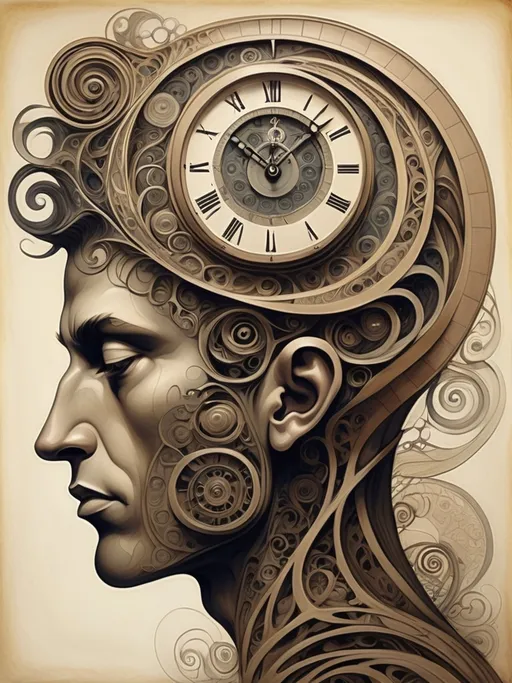 Prompt: (abstract drawing) of a person's head, intricate clock atop the head symbolizing time, (spiral design) elegantly flowing on the side, inspired by Austin Osman Spare's style, blending analytical art with symbolist elements, dynamic shapes and forms, rich texture, abstract atmosphere, muted colors, ultra-detailed, providing an enigmatic yet captivating ambiance.