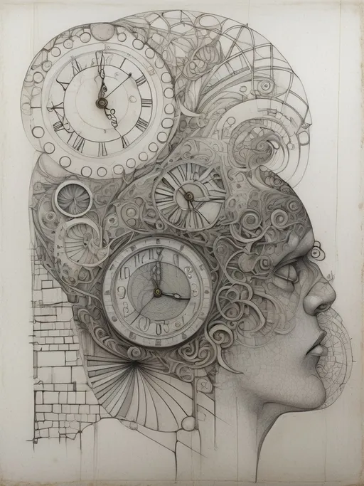 Prompt: (abstract drawing) of a person's head, intricate clock atop the head symbolizing time, (spiral design) elegantly flowing on the side, inspired by Austin Osman Spare's style, blending analytical art with symbolist elements, dynamic shapes and forms, rich texture, abstract atmosphere, muted colors, ultra-detailed, providing an enigmatic yet captivating ambiance.