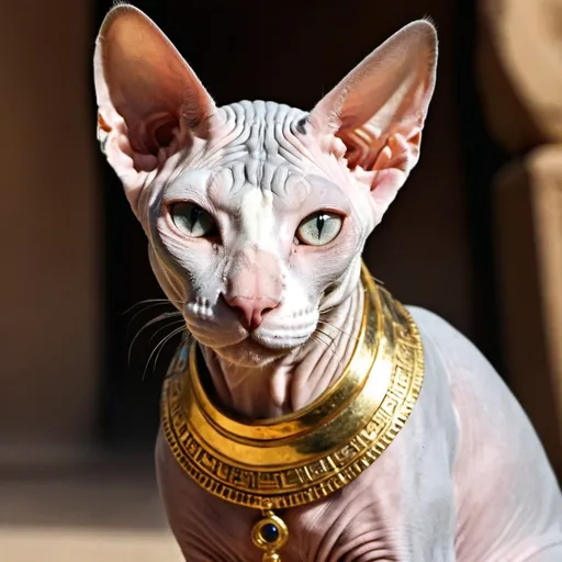 Prompt: a grey and white Sphynx cat as a god with gold in old kingdom of egypte