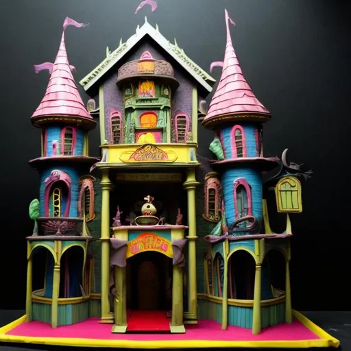 Prompt: The front facade of a traveling Fun house ride with a scary theme. Dark colors. Stop Motion.