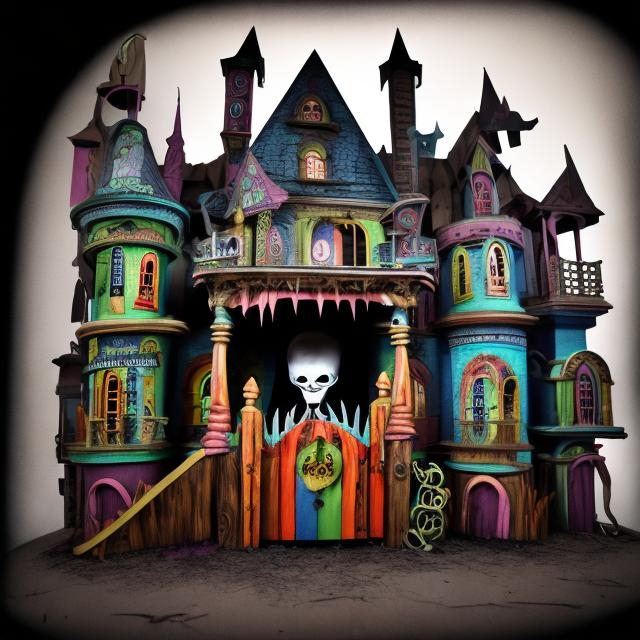 Prompt: The front facade of a Fun house ride with a scary theme. Dark. Stop Motion.