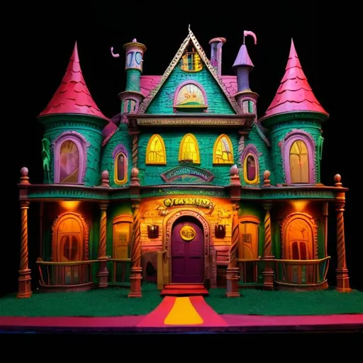 Prompt: The front facade of a traveling Fun house ride with a scary theme. Dark colors. Stop Motion.