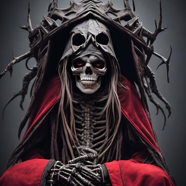 Prompt: Old, creepy, Skeleton witch doctor in a red hood and robe sitting in large black throne. Close Up. Dark vibe. Limited lightning.