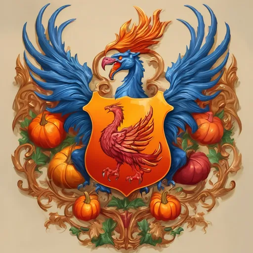 Prompt: Rococo era family crest that contains a colorful  phoenix. It also contains a tyrannosaurus. It also contains a curvy ribbed red orange pumpkin with foliage. Clean lines. oil painting, luxurious colors.