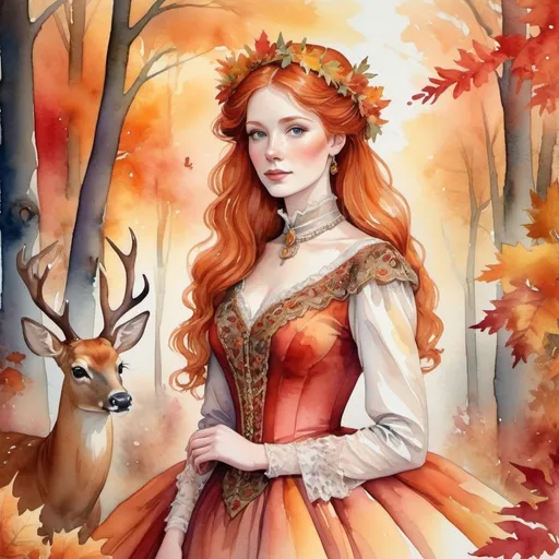 Prompt: Very Colorful watercolor Image of a beautiful redhaired Victorian woman in a autumn forest with a deer