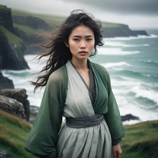 Prompt: (ultra-detailed portrait) lonely wasian poetess, ethereal flowy clothes, windswept hair, standing on a rugged Irish coast, waves crashing dramatically against the rocks, cool mist in the air, soft muted colors, emotive expression capturing contemplation, serene backdrop of rolling green hills and stormy skies, evocative atmosphere, cinematic depth.
