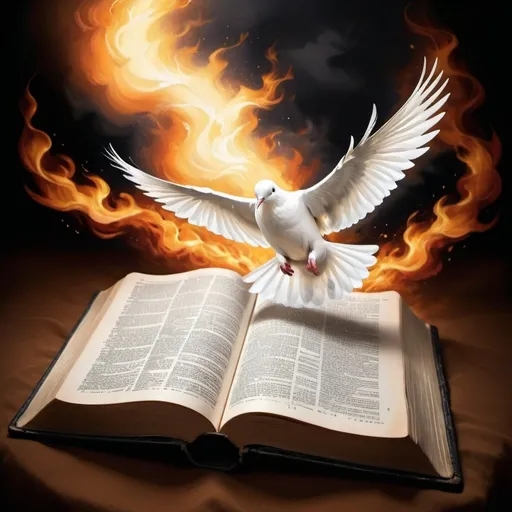 Prompt: open Bible, serene atmosphere, vivid white dove, graceful flight, flames (bold and bright) high contrast lighting, tones of black and white and gray, underneath the Bible, the words 2 Timothy 2:15, symbolic of peace and faith, ultra-detailed, spiritual ambiance.