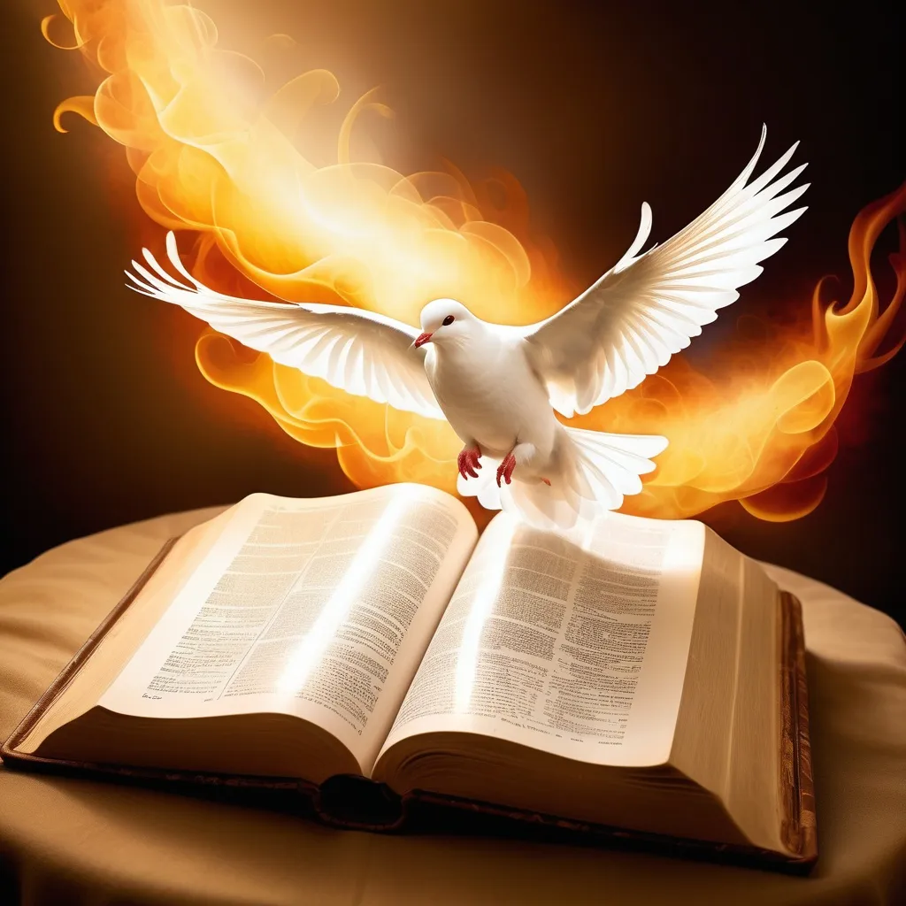 Prompt: (accurately spelled text "2 Timothy 2:15"), open Bible, serene atmosphere, vivid white dove, graceful flight, flames (bold and bright) illuminating background, warm colors, golden tones, high contrast lighting, symbolic of peace and faith, ultra-detailed, spiritual ambiance.