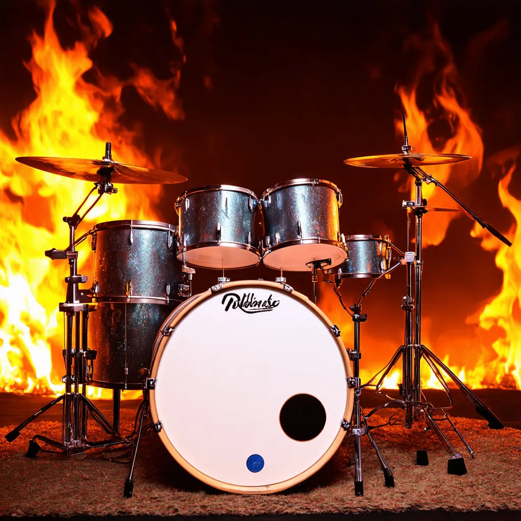 Prompt: A drum set with a fire background