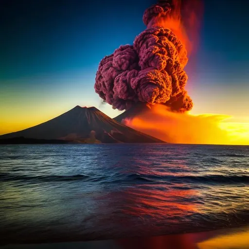 Prompt: sunset on the ocean
with volcano erupting
