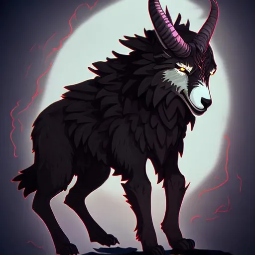 Prompt: Wolf goat hybrid, wolf body, wolf claws, goat head, goat horns, sharp teeth, woods, fire, dark, evil, sinister 