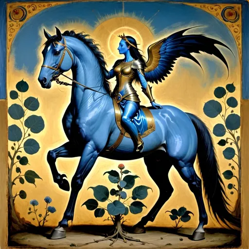 Prompt: a sky-blue horse-woman rearing up on her hind legs, with the head of a virgin or a medieval damsel and a tail that morphed from a horse’s into a giant black scorpion’s. The apparition, with ocher-colored wings, was emerging from a eucalyptus forest painted in blue. Like Odilon Redon on acid. It was beautiful, as well. The colors exuded an intensity that seemed to light up the whole room