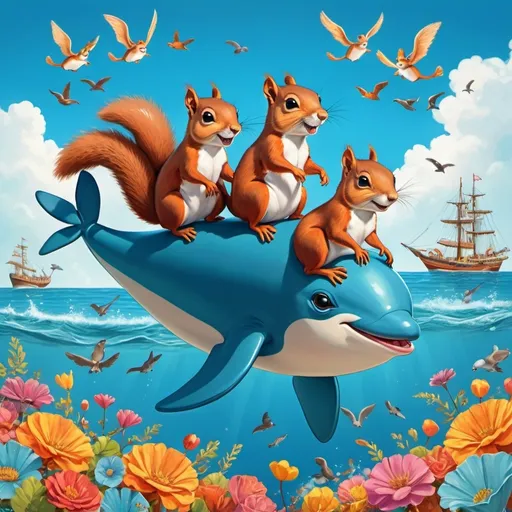 Prompt: (cheerful cartoon scene) Three lively squirrels joyfully riding a (giant dolphin) across an expansive, radiant blue sea, beneath a (cloud-filled sky) adorned with birds. Each squirrel has colorful bags strapped on their backs, embodying the spirit of adventure and travel. The atmosphere is vibrant, filled with a collection of (cheerful colors) and whimsical charm, creating a delightful and heartwarming visual journey. (high-quality, ultra-detailed)