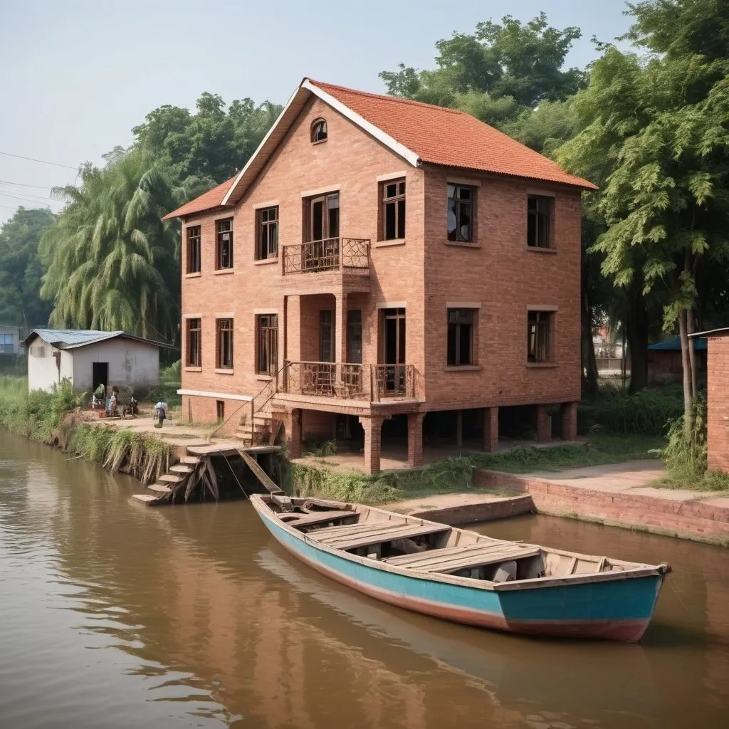 Prompt: House Made of brick, neighbor house like Wood, live in the city, live near a river, people around usually do fishing, transportation means are common there is boat