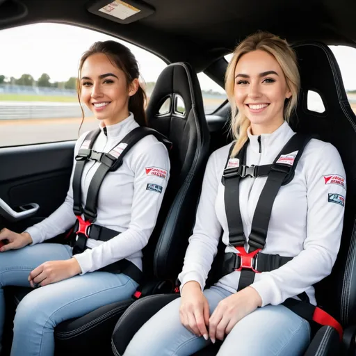 Prompt: 2 young adult woman strapped into 5 point racing harnesses in racecar seats, skinny, smiling, wearing tight long sleeve gym tops tucked into high waist skinny jeans,