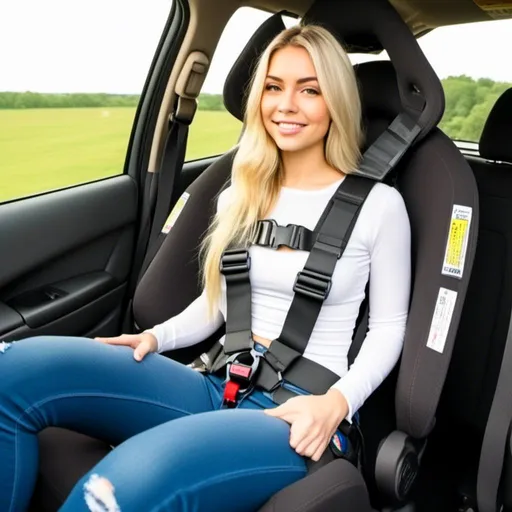 Prompt: <mymodel> young adult woman strapped into 5 point harness, skinny, beautiful, black hair, wearing high waist skinny jeans, wearing tight black tank top, upright sitting position, circular buckle, tighter straps, brighter colors