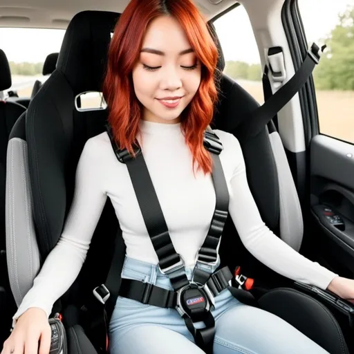 Prompt: <mymodel> young adult woman strapped into 5 point harness carseat, circular buckle, strap between legs, skinny asian, high waist skinny jeans, 