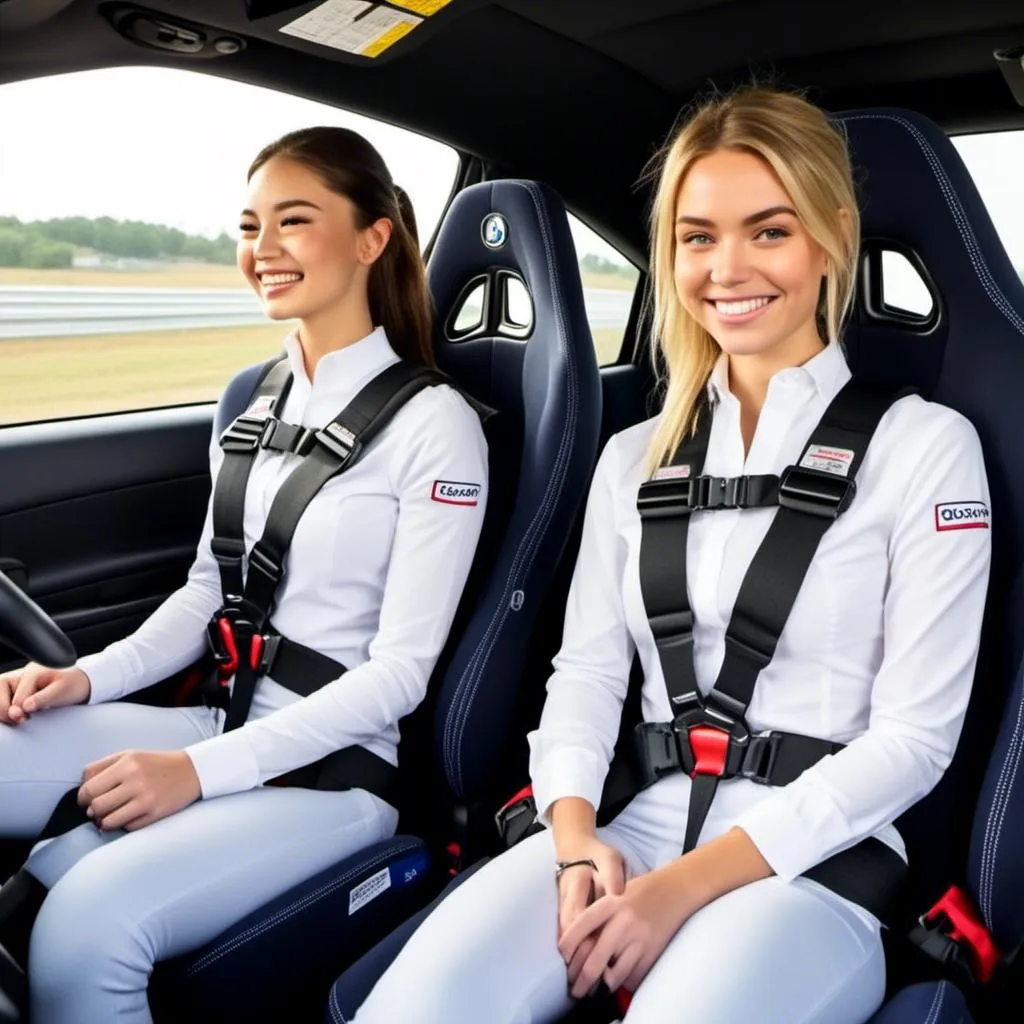 Prompt: <mymodel> 2 smiling young adult women strapped into moving racecar, beautiful, eyes open, circular buckle, straps should be tight, strap between legs, wearing high waist skinny jeans, straps should connect to the seats behind them, tight clothing