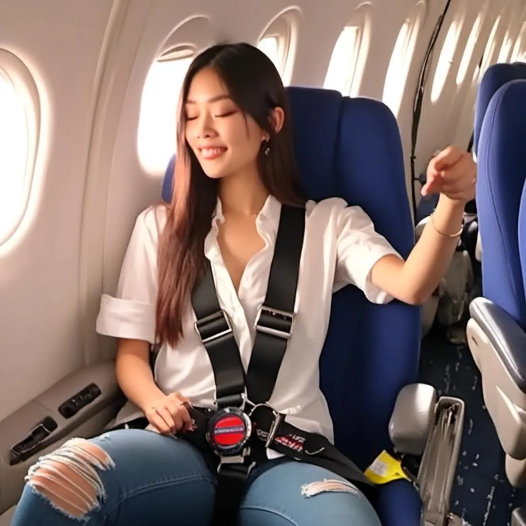 Prompt: <mymodel> pretty Asian woman buckling her seatbelt on an airplane, show from knees up