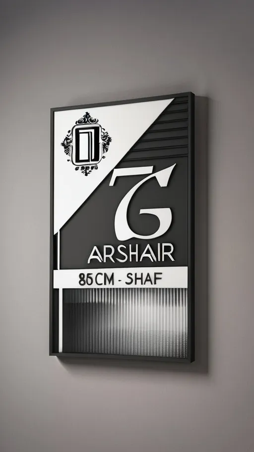 Prompt: Design a modern and stylish vertical entrance sign measuring 90 cm x 50 cm. The name "Arsha Shahr" should be written at the top of the sign in elegant and formal English typography. The number "76" representing the building's license plate should be displayed at the bottom of the sign in a bold and modern font. The background should have a minimalist and contemporary texture, such as brushed metal or subtle geometric patterns, with a color scheme of black, silver and white that is visually appealing and distinctive from other signs. The design of your company logo and branding is based on laser cutting and the use of wood and glass.