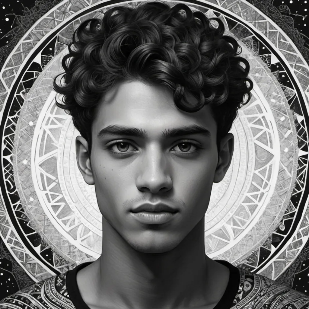 Prompt:  Create an intricate black and white illustration of a young man with striking features. He should have curly hair adorned with tiny stars, set against a complex, detailed background filled with abstract shapes and geometric patterns. The man's expression should convey depth and introspection, with elements of cultural motifs subtly incorporated into the background. Additionally, include soft shadows to add dimensionality to his face.