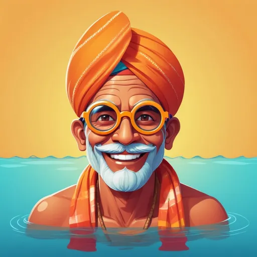 Prompt: illustration of an adult indian farmer, super happy expression, in indian cloths swimming goggles, emoji style, simple clean lines, vibrant colors, vector art, minimalistic background, cartoonish, playful atmosphere, high quality.
