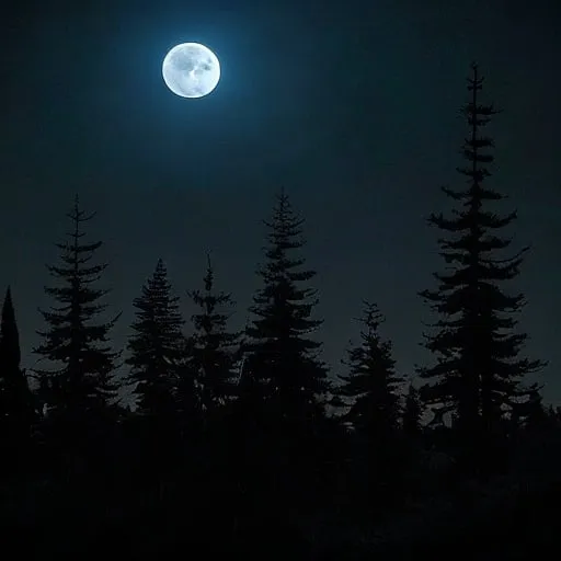 Prompt: A large full moon in the night sky, surrounded by a hazy, atmospheric glow. In the foreground, tall pine trees stand silhouetted against the moonlit sky, creating a serene and mystical landscape