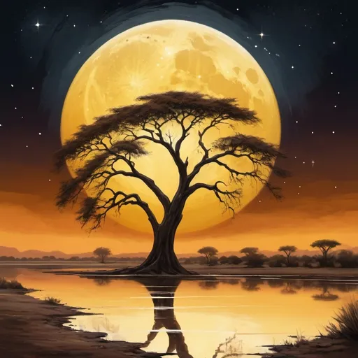 Prompt: digital painting, The night sky is illuminated by a bright yellow full moon, its reflection shimmering on the surface of the river. In the foreground, a solitary acacia tree stands as a silhouette, its branches reaching towards the twinkling stars above. The African desert landscape is bathed in an ethereal light, with the painting featuring a style of bold, slim lines, and a color scheme of intense dark chestnut brown, burnt sienna, and soft cream., bold and slim lines, brush strokes, intense dark chestnut brown, burnt sienna and soft cream color, close-up shot, short distance