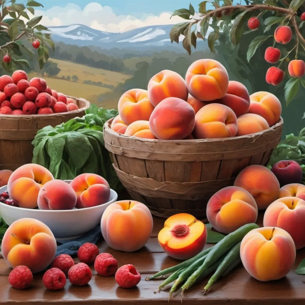 Prompt: digital painting, berries , peaches , and apples , surrounded by more vegetables on a wooden surface. The background has a cool, winter color palette with a natural landscape ) in Africa and lady, bold and slim lines, brush strokes